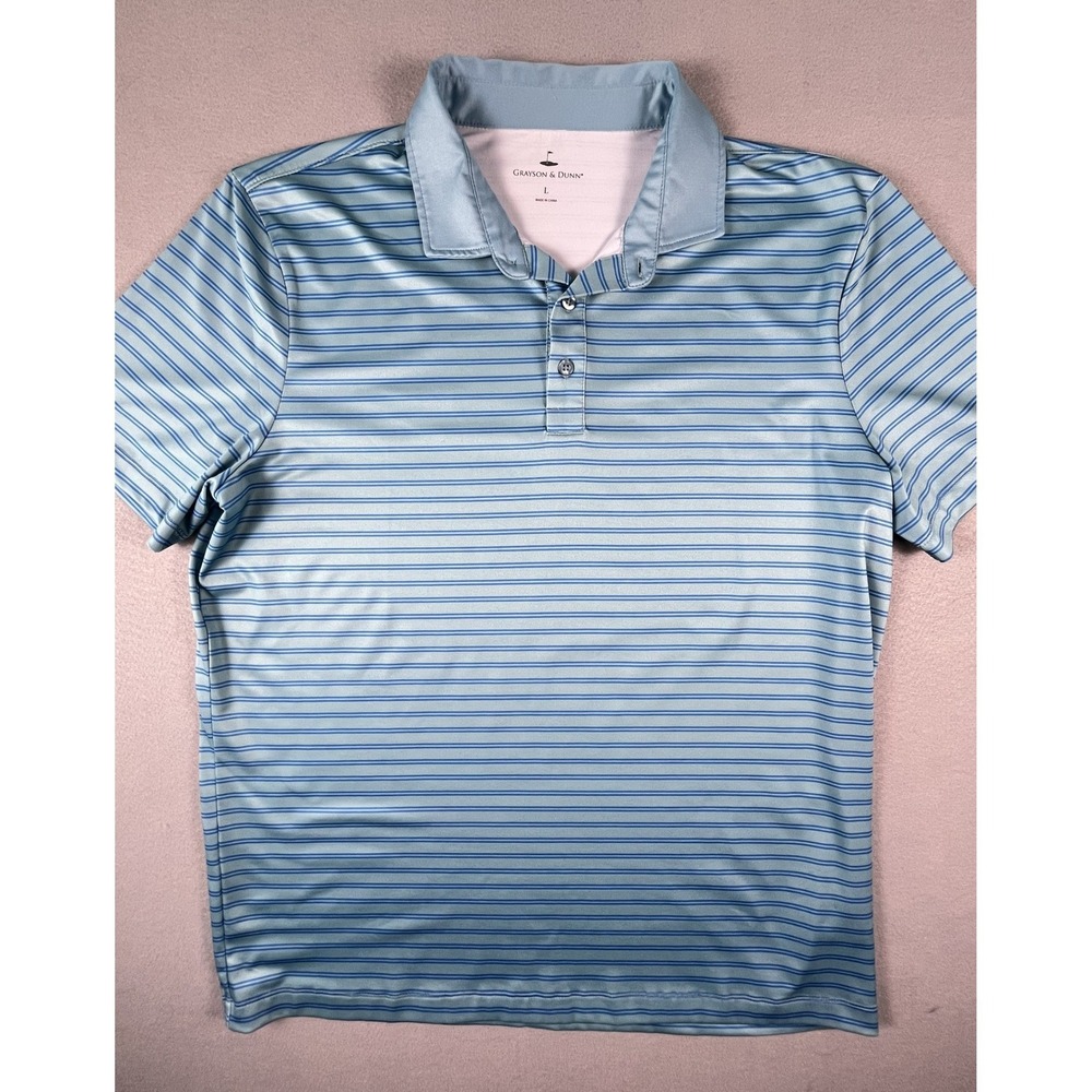 Grayson & Dunn Polo Shirt Mens L Blue Striped Performance Golf Short Sleeve